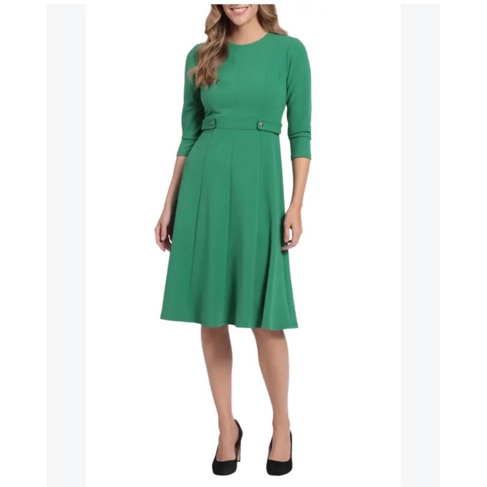 London Style Kelly Green Chic Midi Fit and Flare Dress Gold Button Detail Sz 4